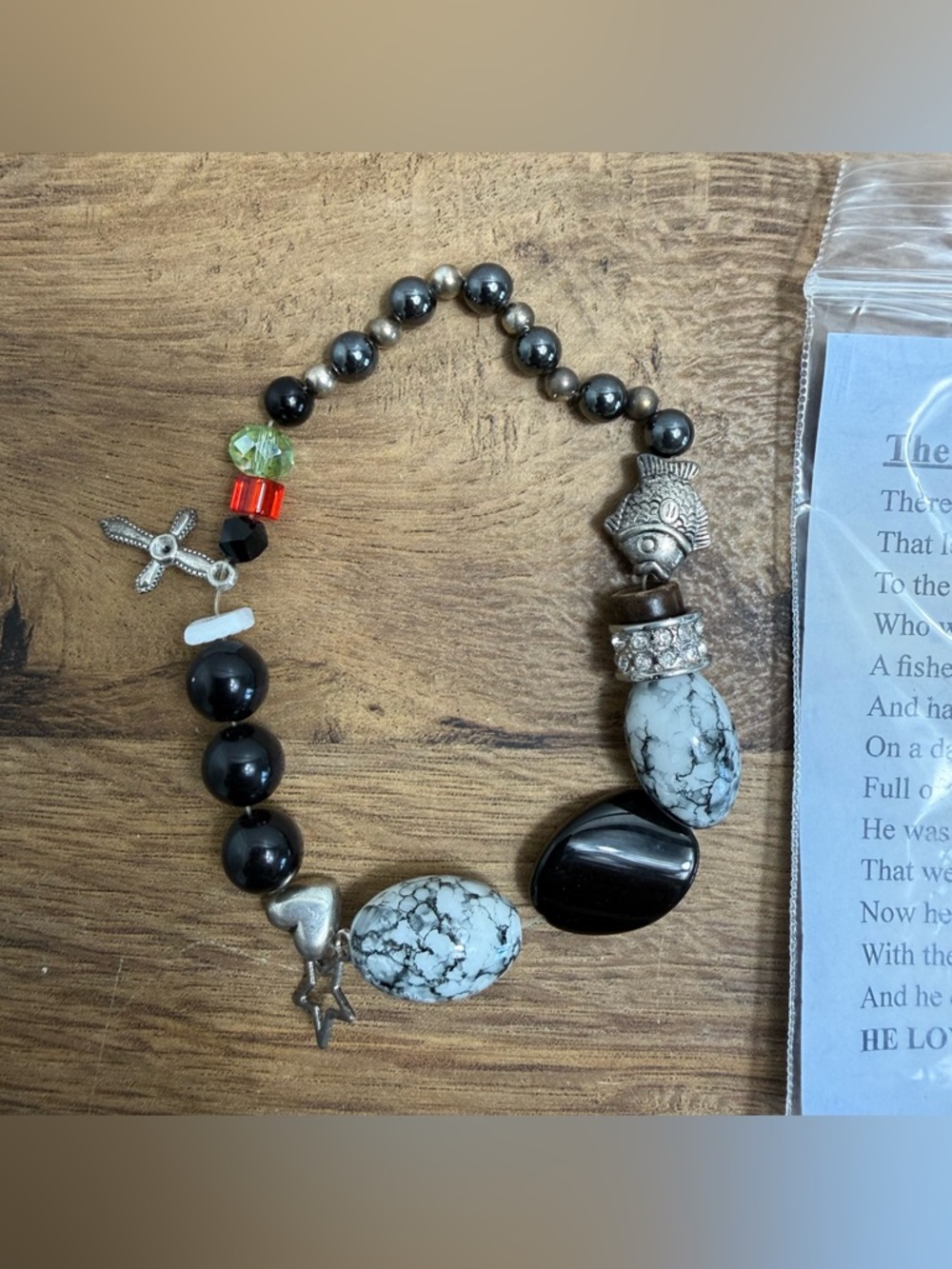 NWT The Story of Jesus Christ Bracelet Black Stones Silver Heart Cross Fish Red